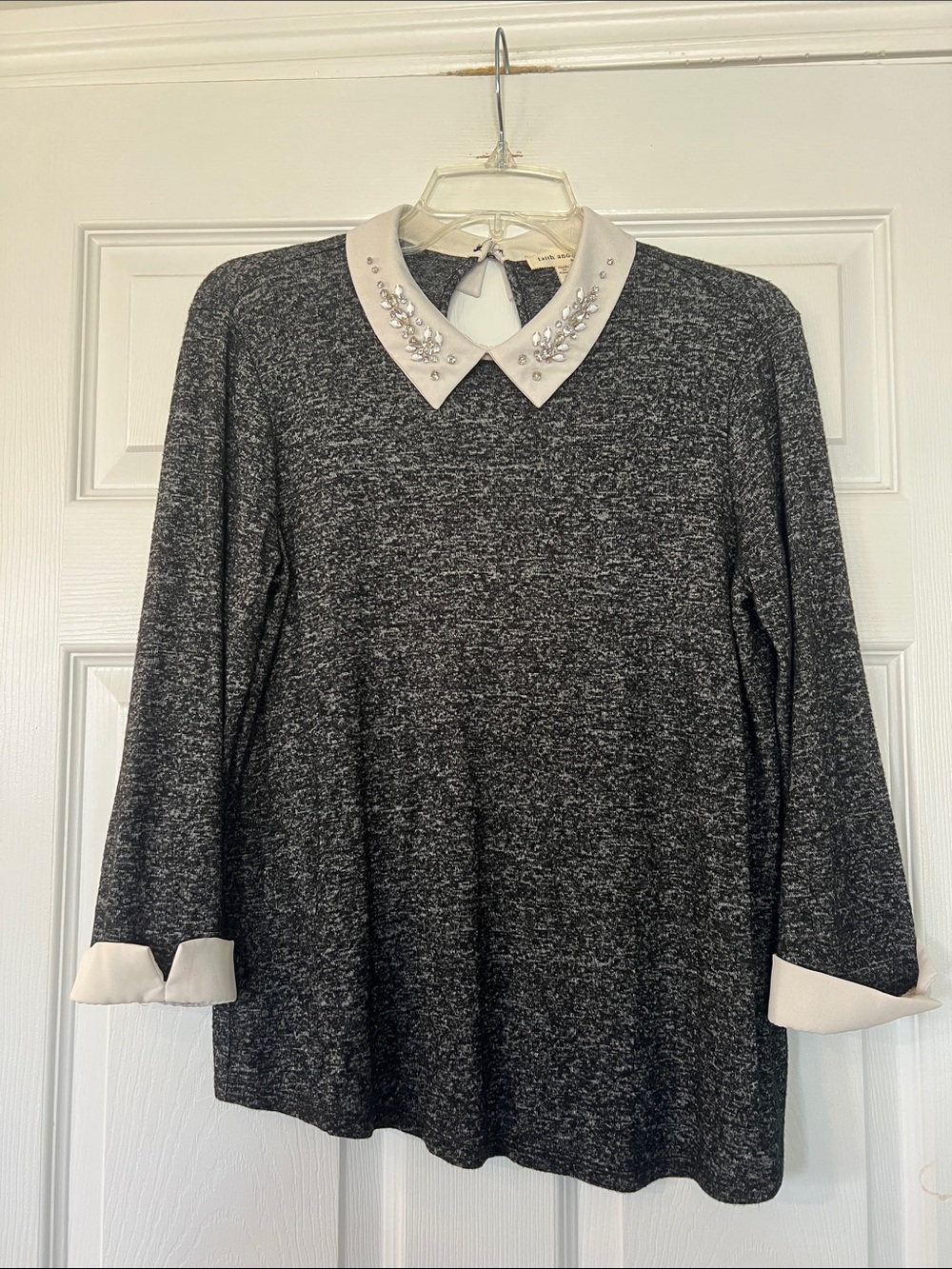 Faith and Joy Heathered Gray Long Sleeve Top with White Embellished Collar